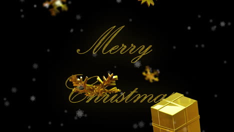 animation of merry christmas text over gold presents on black background