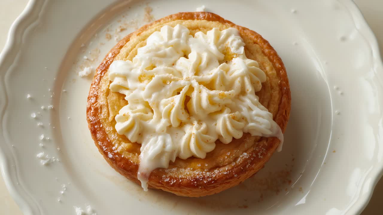 Recording overhead custard tart showing cream settling and drip spreading on scallop plate for menu