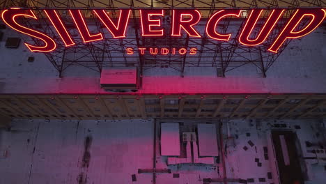 aerial view of the silvercup studios sign. shot at night in long island city, queens.