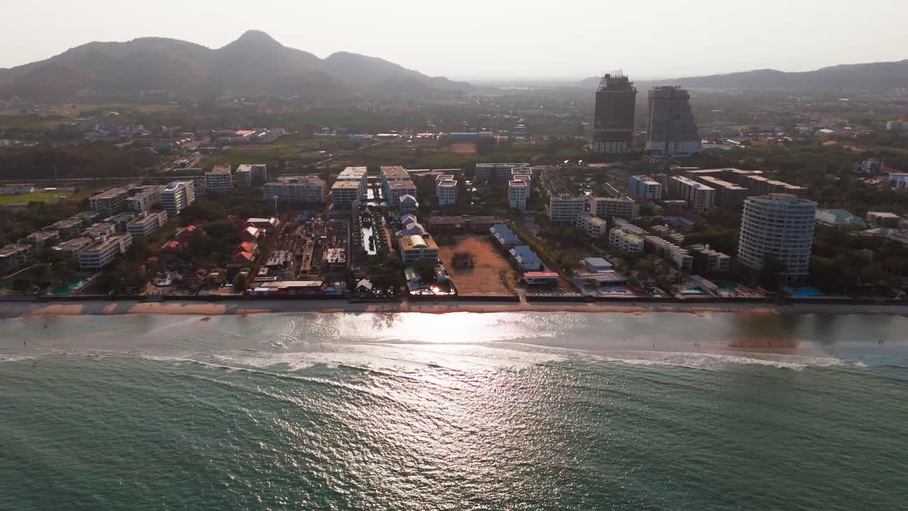 Hua Hin Beach waterfront aerial drone view at sunset, Thailand coastline