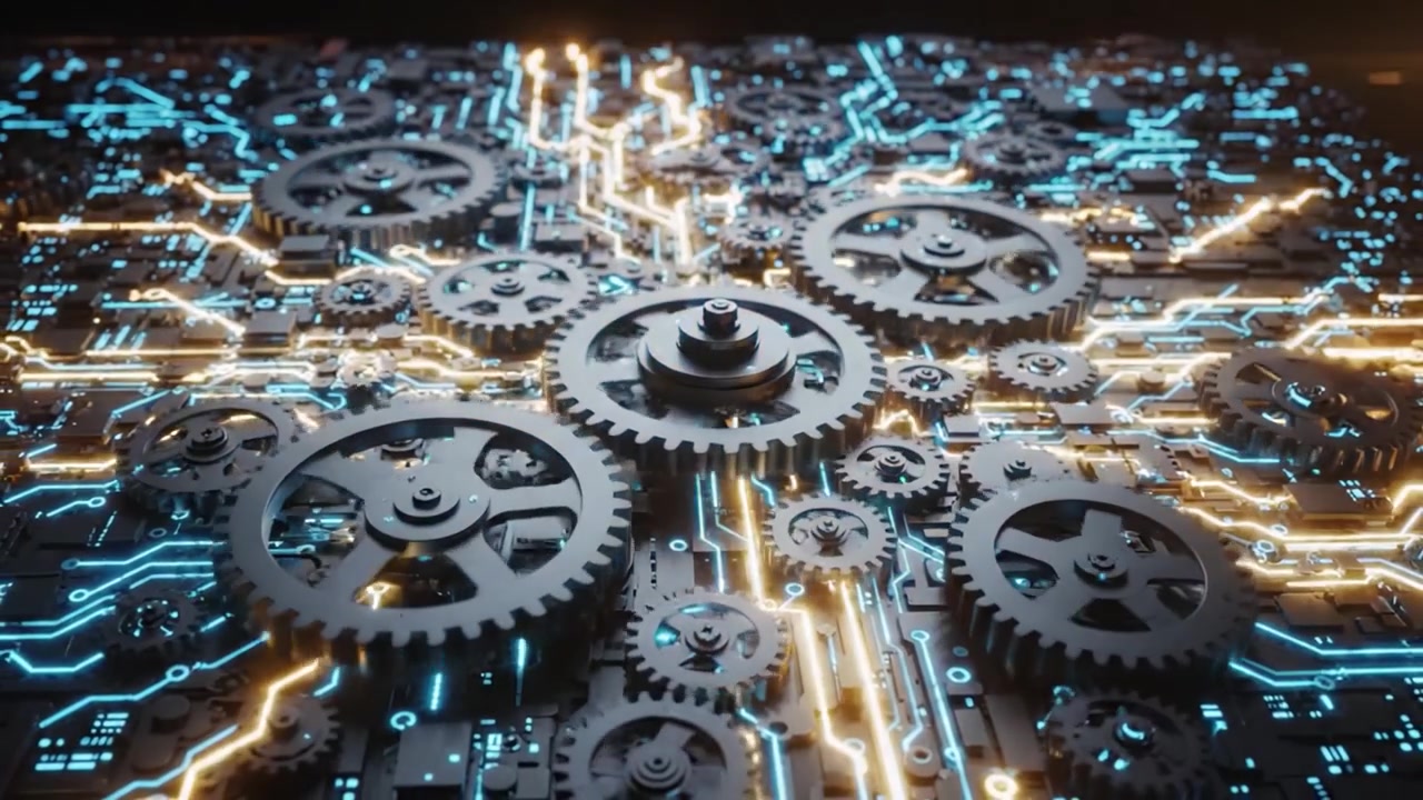 Intricate Mechanical Gears Interwoven with Circuit Patterns Highlighting the Fusion of Technology and Mechanics in a Futuristic Design