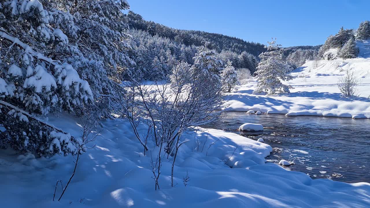 Idyllic Winter Landscape in Mountains on Sunny Day, River and Snow Capped Forest and Hills