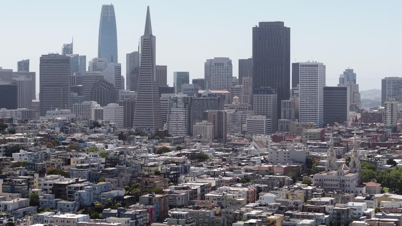San Francisco Cityscape Skyline, Revealing Drone Shot From North Beach District, Saints Peter and Paul Church