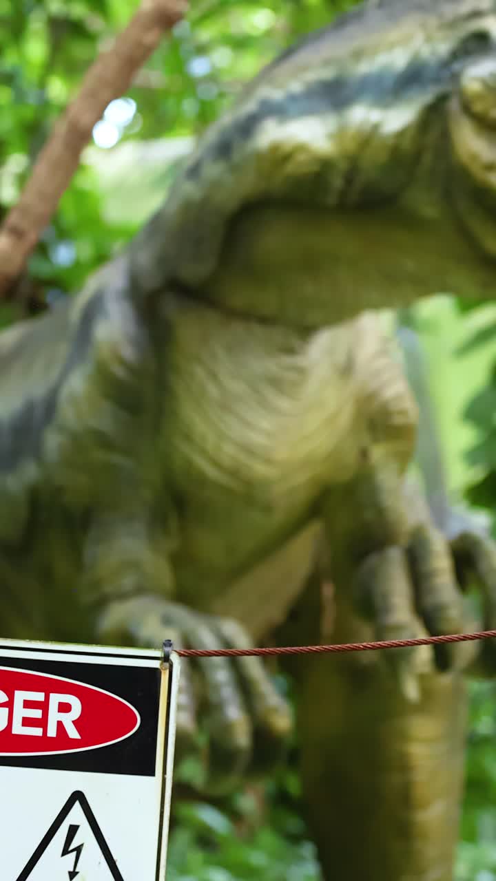 Un dinosauro raptor animatronico realistico si muove verso un cartello di avviso di alta tensione in un rigoglioso parco all'aperto, ripreso in piena luce naturale con un tracking fluido della telecamera