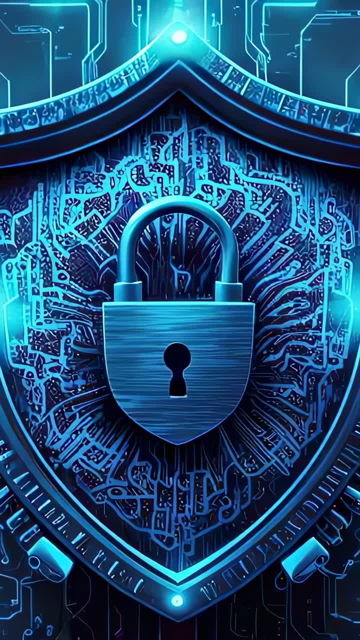 Vertical video: Starting blue padlock animating circuits, pulsing glow on shield for security
