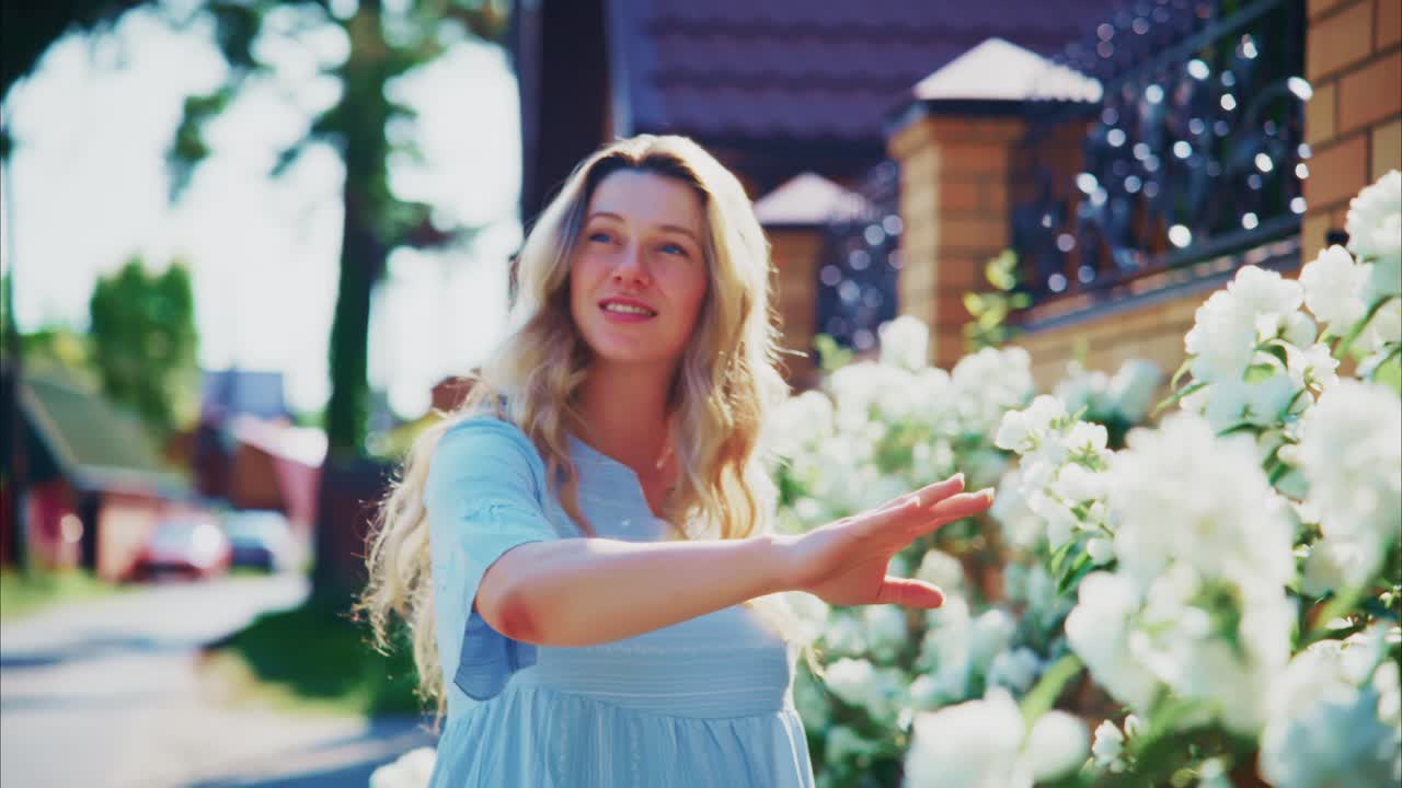Glückliche blonde Frau berührt sanft weiße Blumen in einem sonnigen Garten