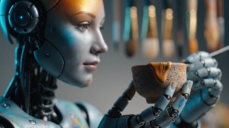 Un artista robot futuristico esamina delicatamente una ciotola di vernice, evidenziando la fusione di tecnologia e creatività nell'arte moderna e nell'esplorazione dell'intelligenza artificiale.
