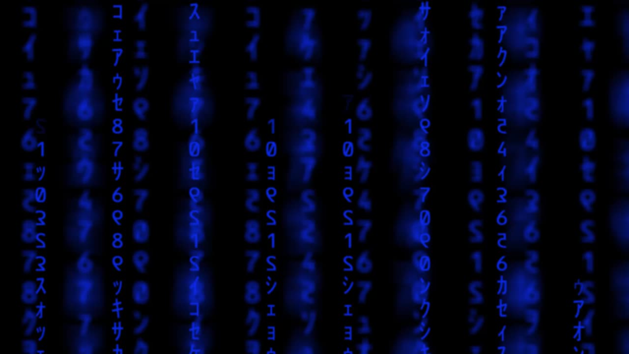 Blue Matrix Grid, Matrix intro, Falling blue binary numbers representing computer code