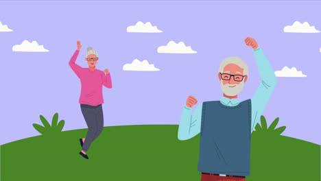 una pareja de ancianos felices celebrando personajes de animación