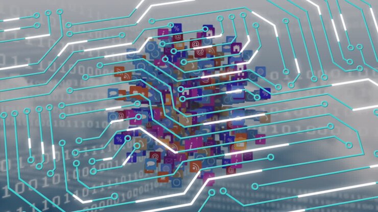 Animation of integrated circuit and globe made of icons over grey background