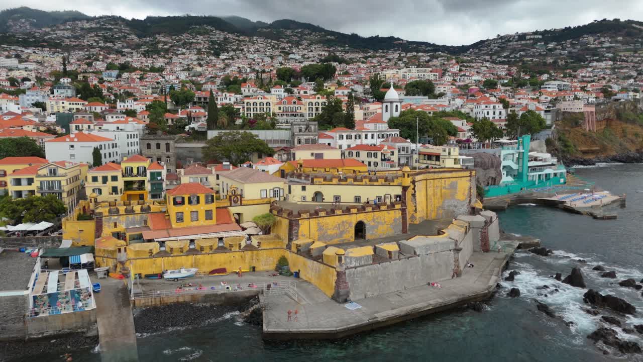 Drone shot historic military Fort of Sao Tiago fortress in historical Funchal, Madeira