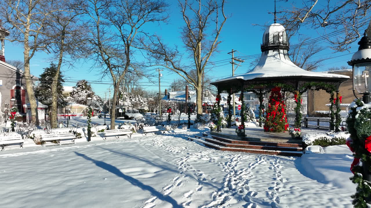 눈 덮인 전망대의 크리스마스 트리