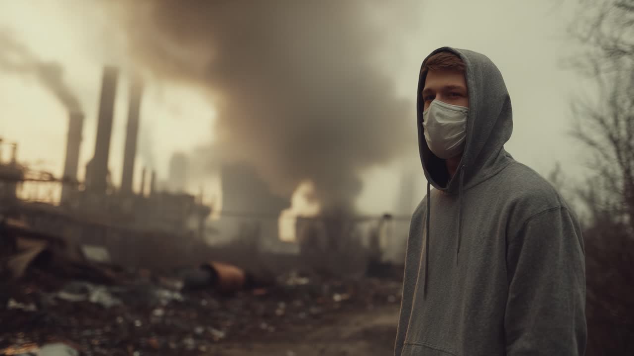 Un giovane uomo con felpa grigia e maschera si erge in mezzo all'inquinamento industriale, fissando un paesaggio nebbioso di fumo e rovine, riflettendo sulle moderne sfide ambientali.