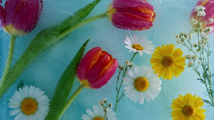 Una bellissima disposizione di tulipani e margherite congelati catturati sotto il ghiaccio, mostrando colori vivaci e petali delicati in una composizione floreale artistica.
