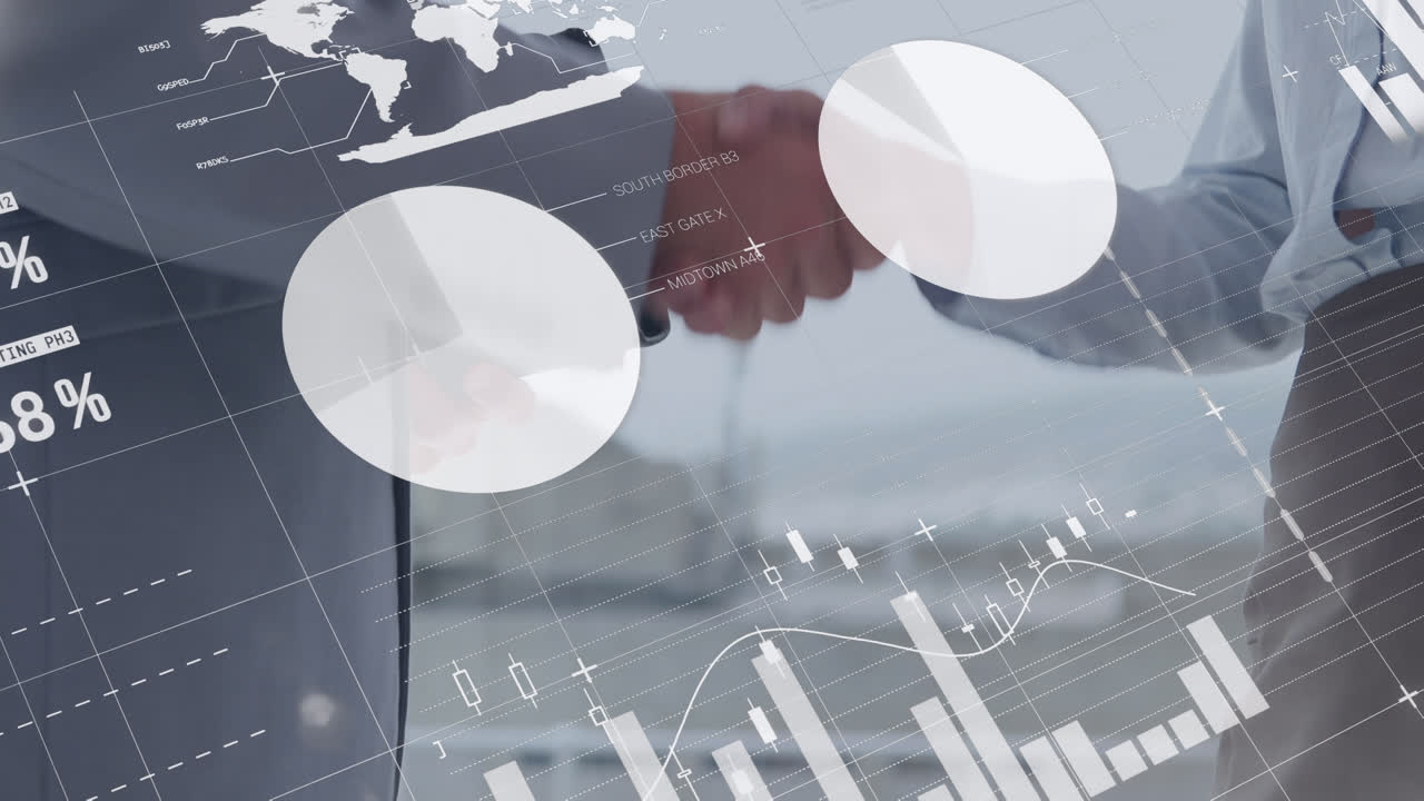 Animation der Finanzdatenverarbeitung über kaukasischen Geschäftsleuten beim Händeschütteln