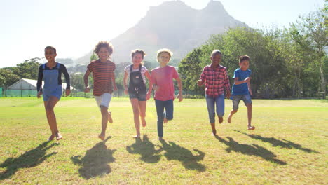 Six-friends-running-towards-camera-in-a-park,-front-view