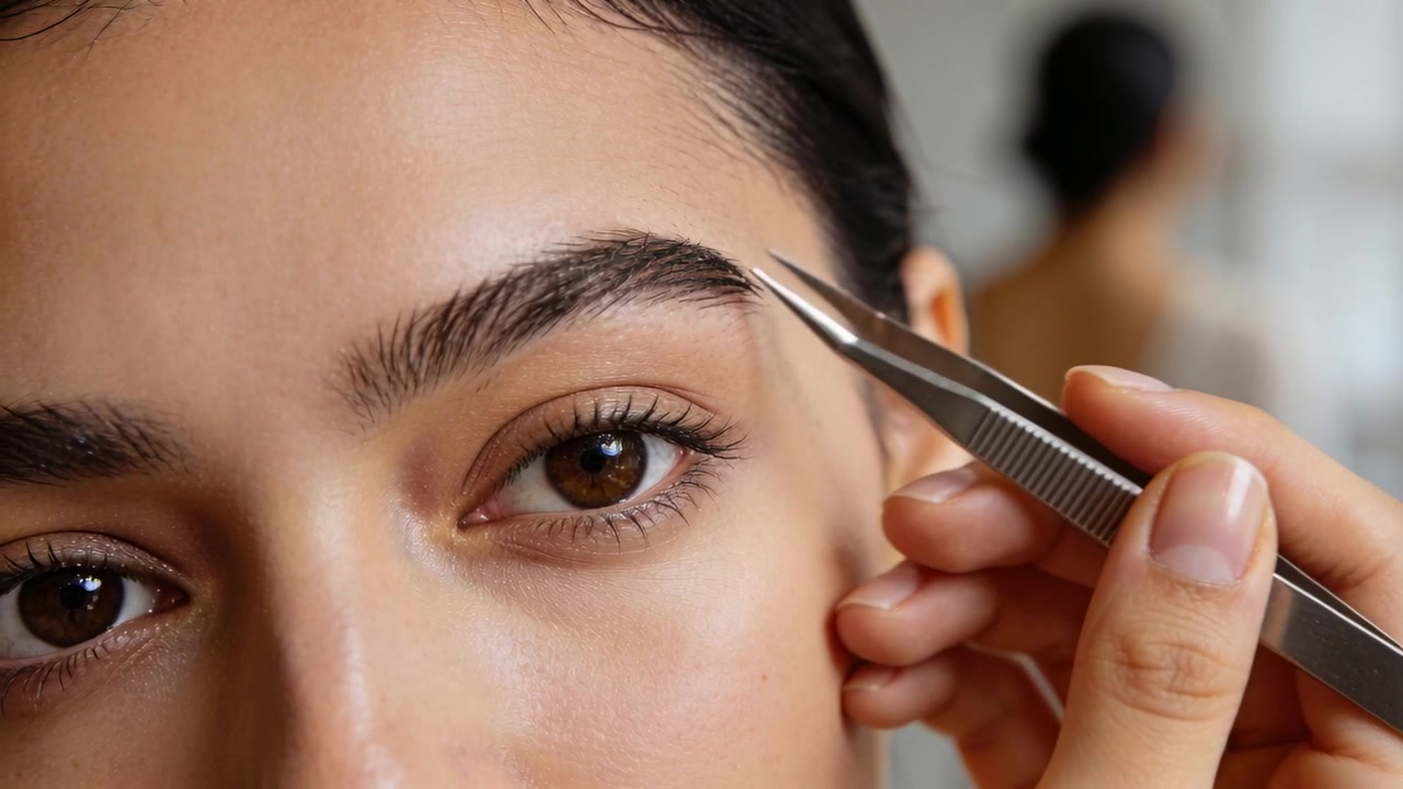 Approaching metal tweezers, stylist plucking brow hairs to neaten shape at mirror, strap reflection