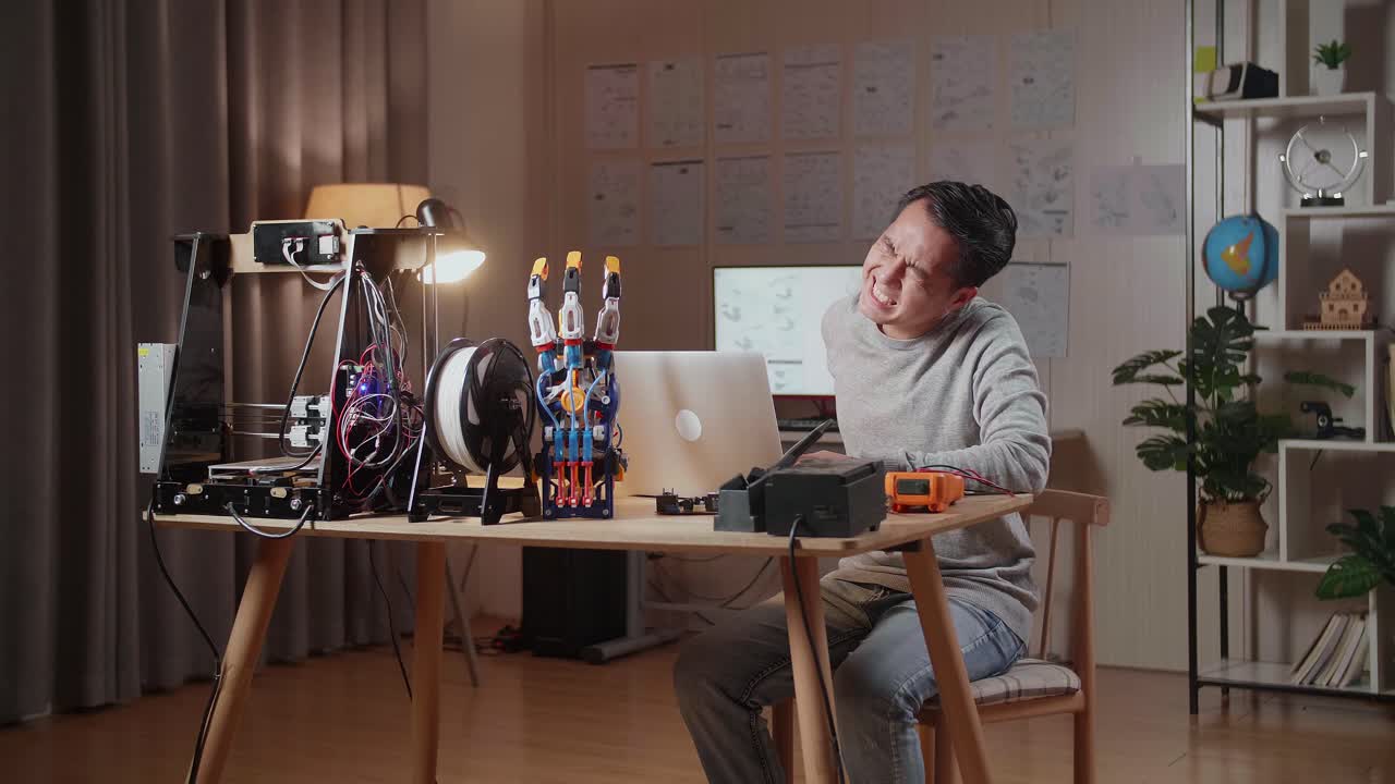 집에서 3d 프린터 프로젝트를 하는 동안 허리 통증을 경험하는 남자