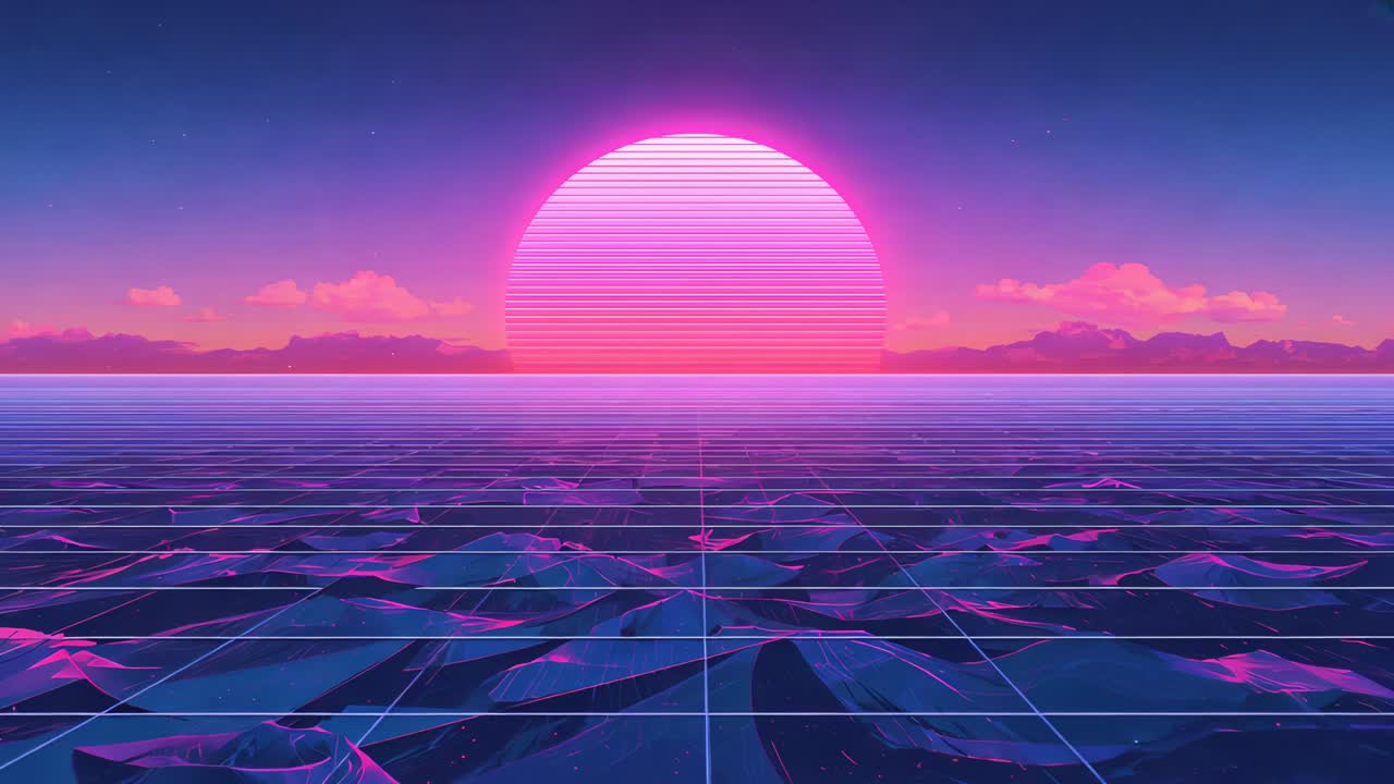 Starting frame changes large neon sun, horizontal scanlines pulsing at horizon, wire grid rippling