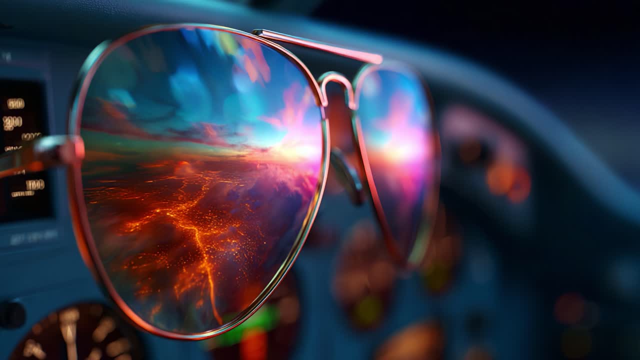 A Stunning View of Colorful Reflections Captured in Sunglasses, Featuring a Vibrant Night Sky and Fiery Landscape, Showcasing Depth and Artistic Imagery in an Aviation Setting