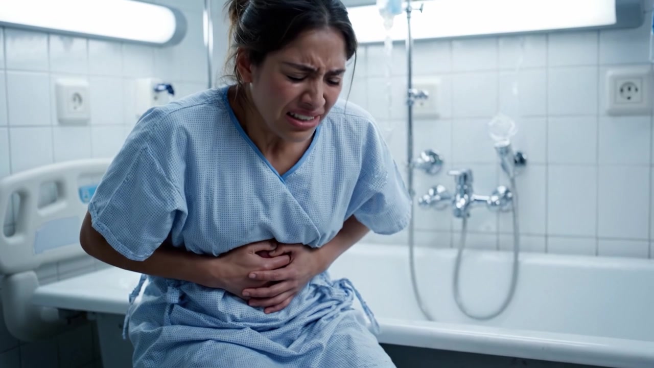 A Woman in Discomfort: Capturing the Emotional Struggles of Pain and Vulnerability in a Bathroom Setting