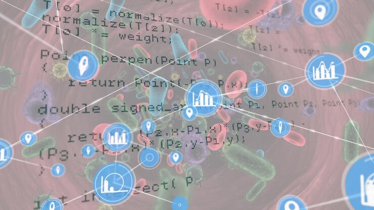 Animation of network of connections with media icons over virus cells