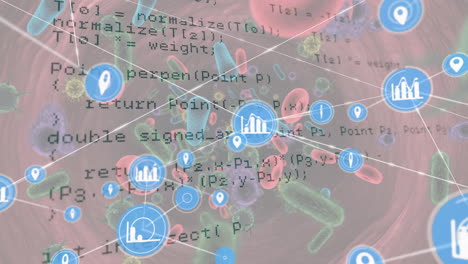 animation of network of connections with media icons over virus cells