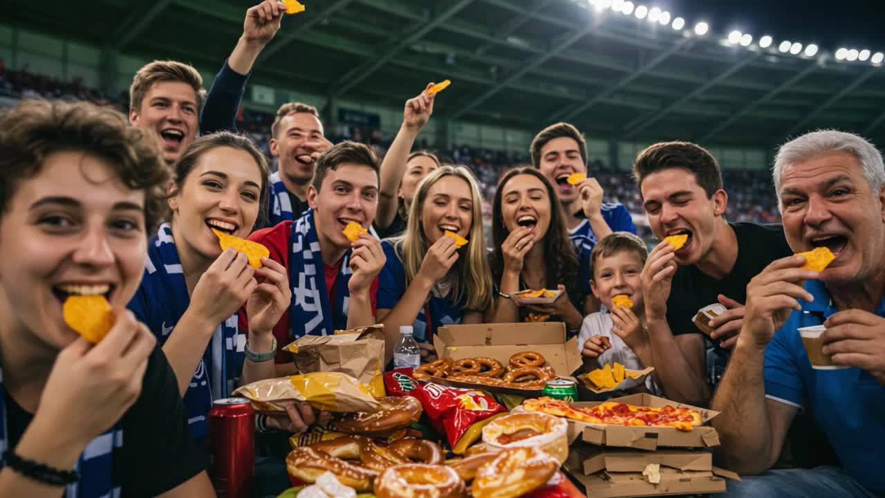 Joyful Fans Indulging in Snacks During a Sports Event Celebration, Enthusiastically Sharing Treats and Creating Memorable Moments Together