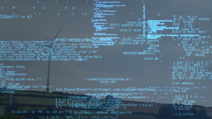 Animation der Datenverarbeitung über Windkraftanlage und Himmel mit Wolken