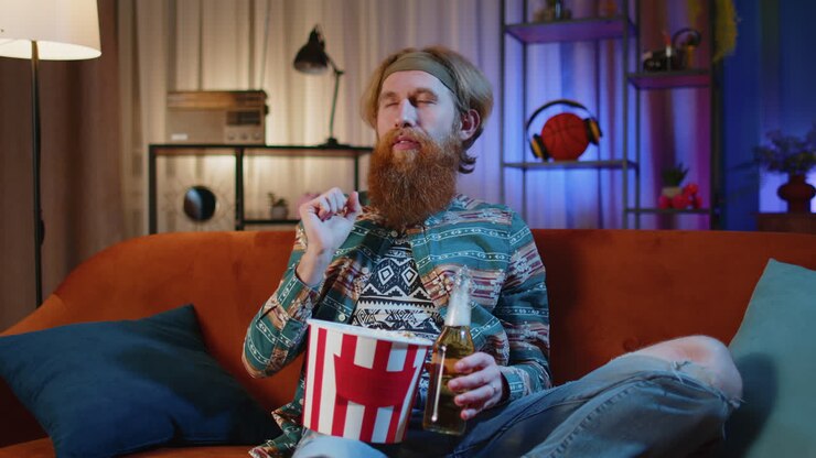 Uomo che si rilassa sul divano guardando la TV con popcorn e birra