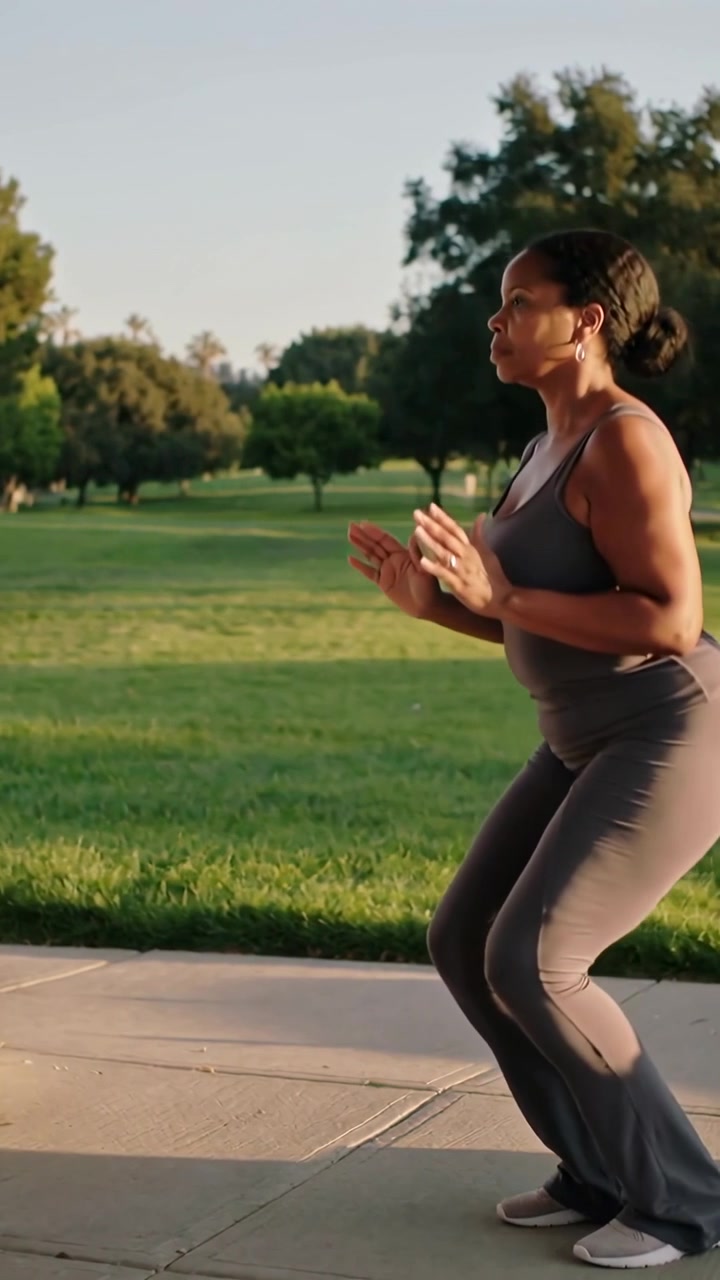 Vertical video: Clasping hands, woman doing squats on park path for health in leggings, copy space