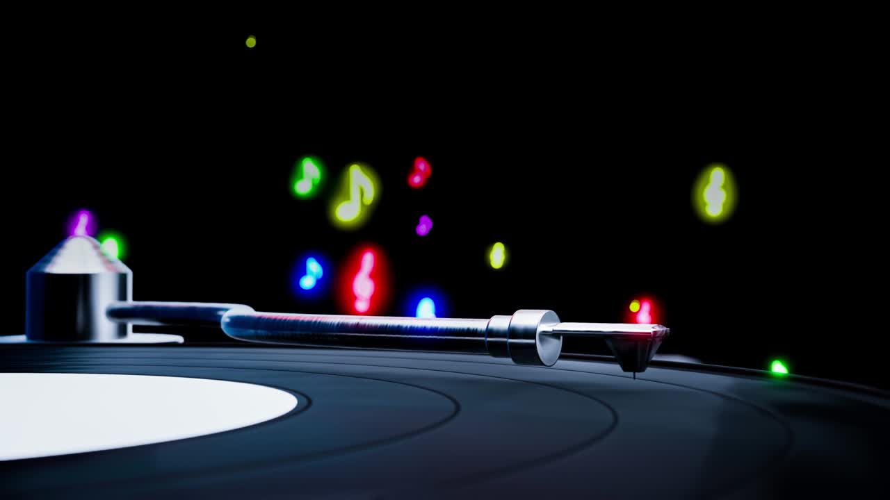 record player, vinyl record, retro, running and has a background The glowing music notes