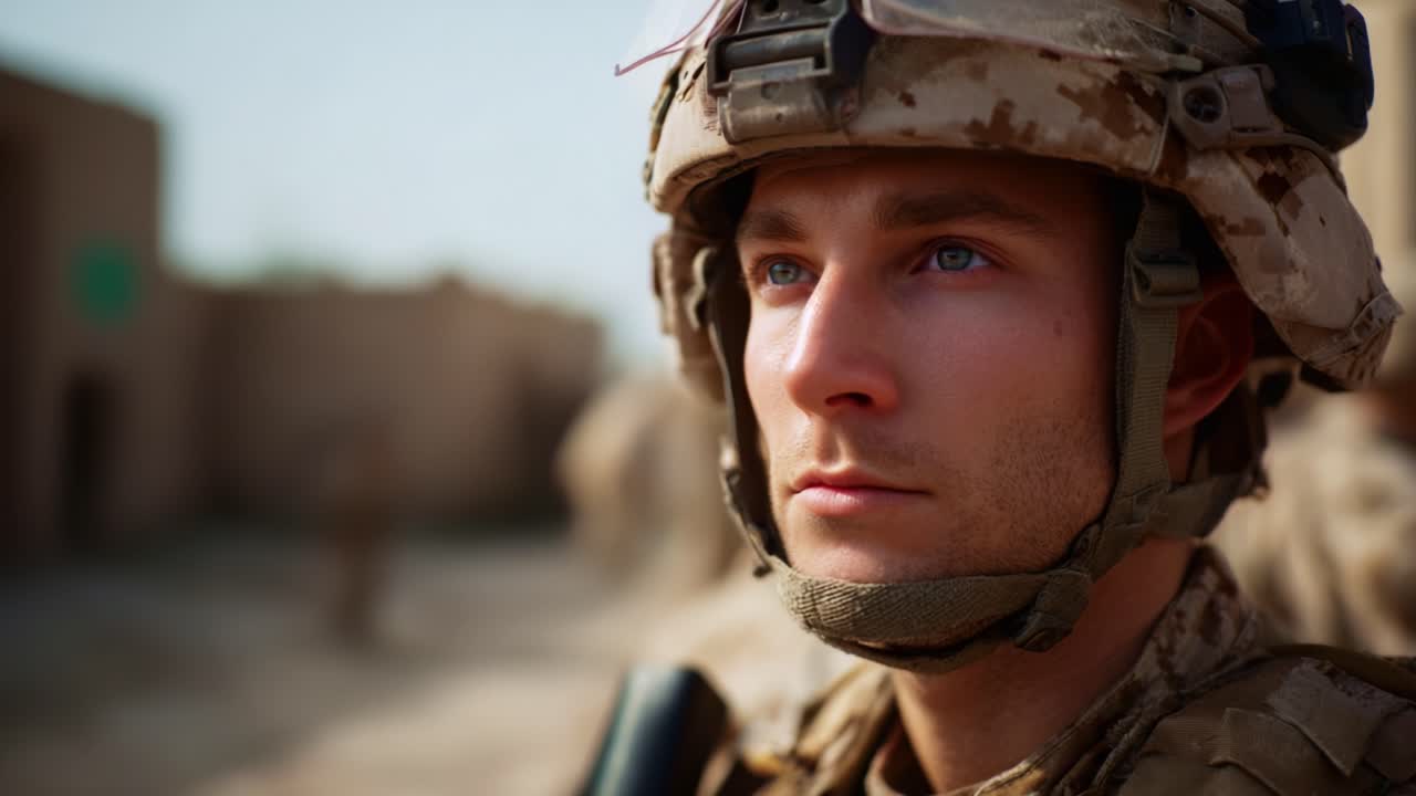 Un soldato concentrato in tenuta militare, che guarda contemplativo verso l'orizzonte, incarnando forza e determinazione in un ambiente difficile
