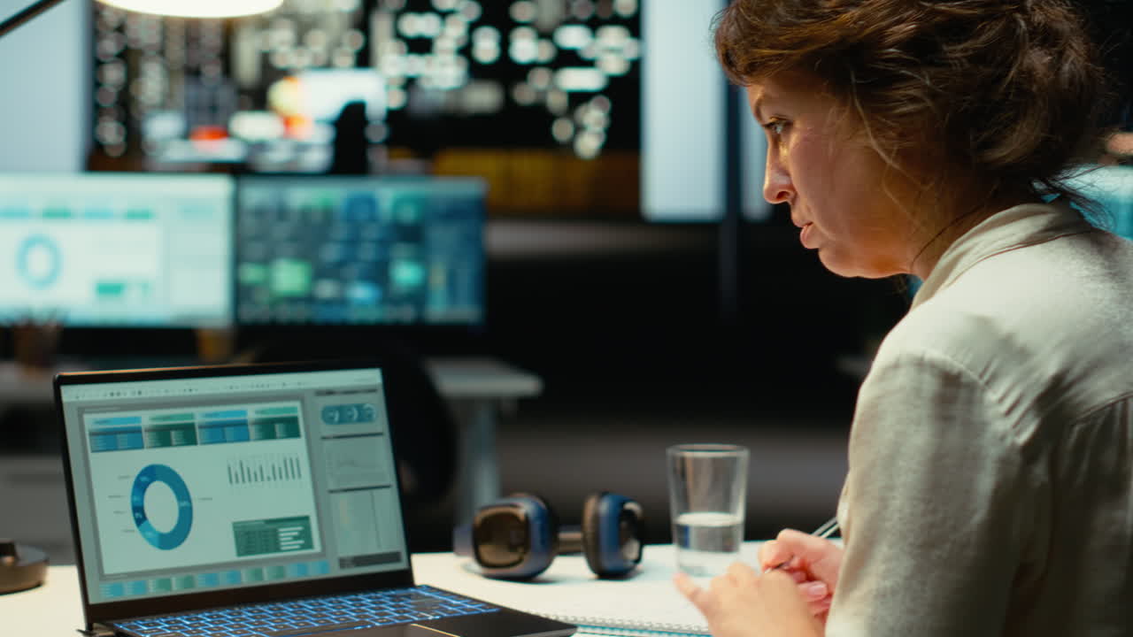 Female finance advisor reviews trading accounts and archived data