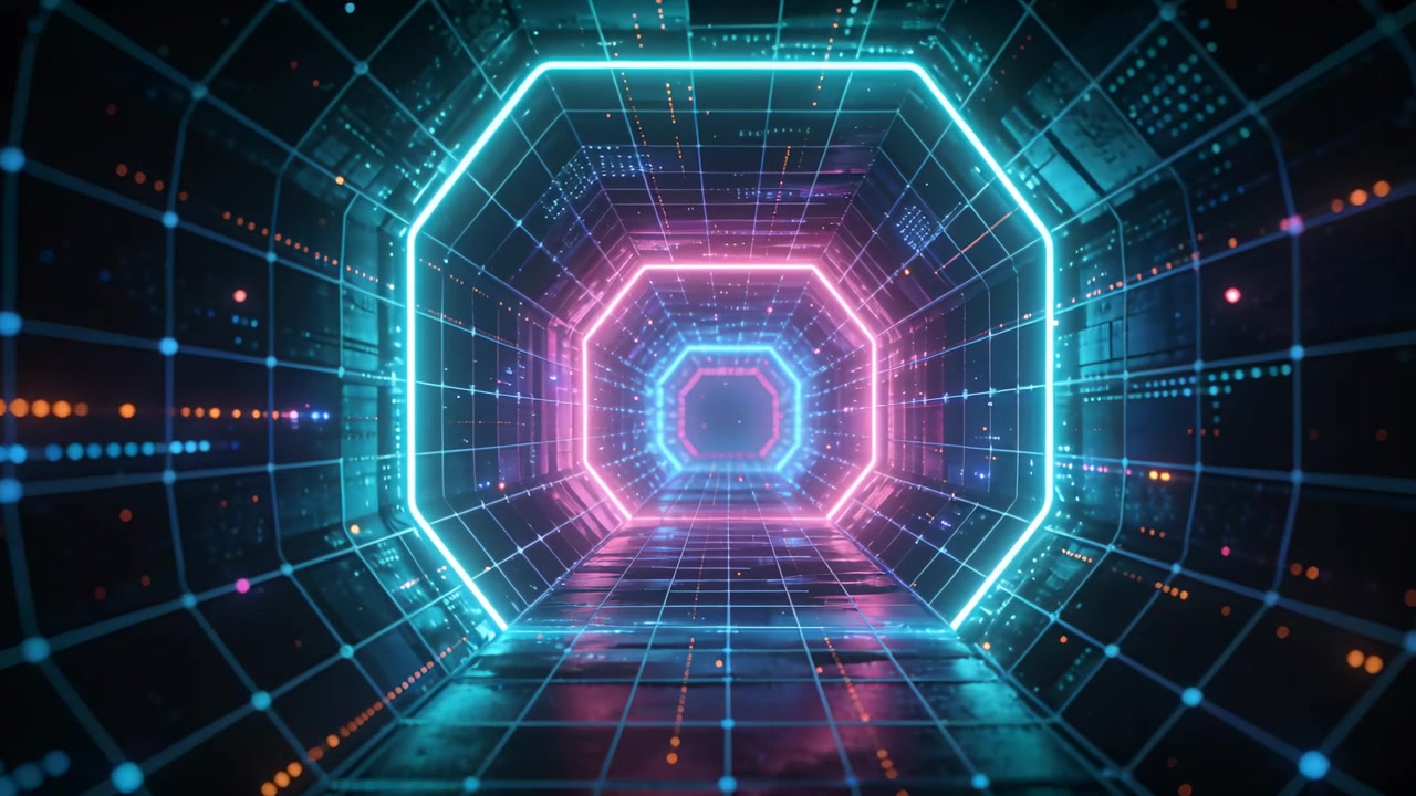 Impulsi luminosi che inviano un tunnel al neon che si muove verso l'interno in un corridoio al neon, con anelli ottagonali che aggiungono profondità