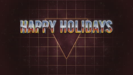 Happy-Holidays-with-retro-grid-and-neon-triangle-with-glitters-in-dark-galaxy