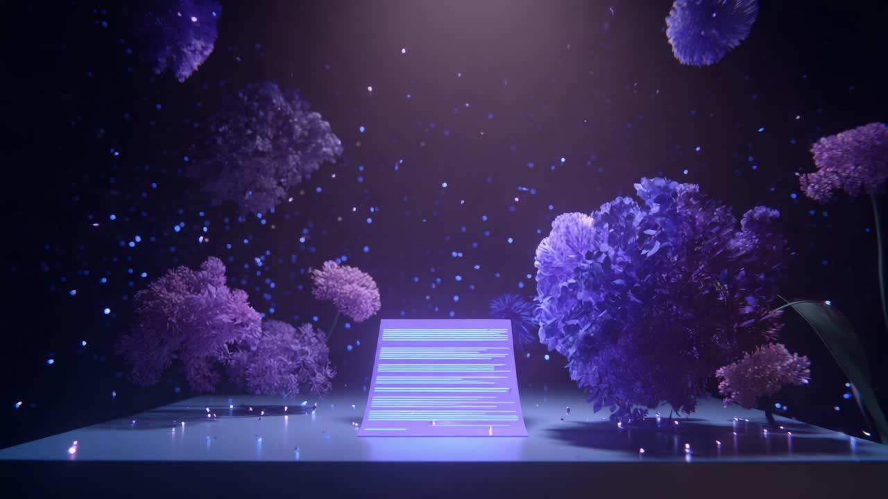 Dreamy animation showing a mystical, glowing purple staircase surrounded by surreal trees and sparkling fireflies, creating an enchanted, fairytale atmosphere under a starry, magical night sky