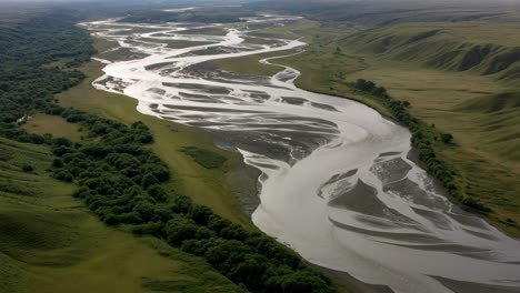 aerial view of a braided river winding through a green valley