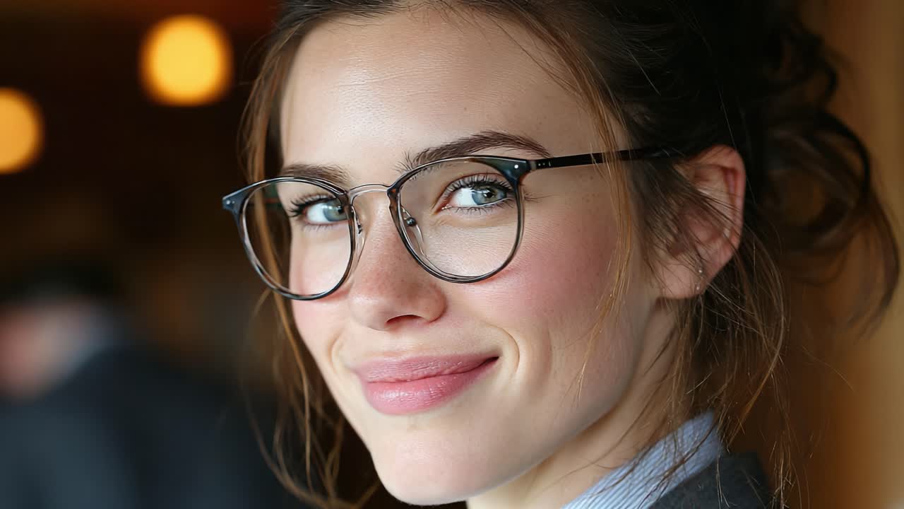 A captivating profile of a woman with glasses, exuding charm and confidence, showcasing her radiant smile and striking features in a warm and inviting setting