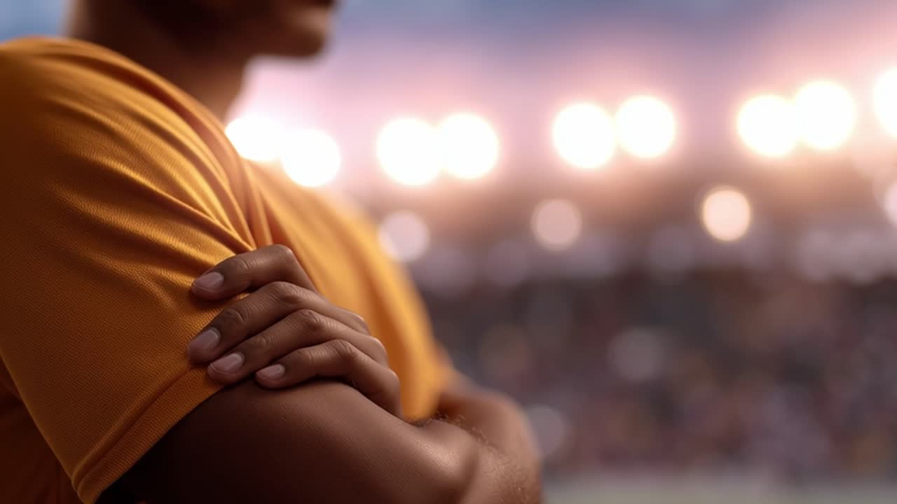 Primo piano di un uomo con le braccia incrociate che guarda una partita sportiva in uno stadio