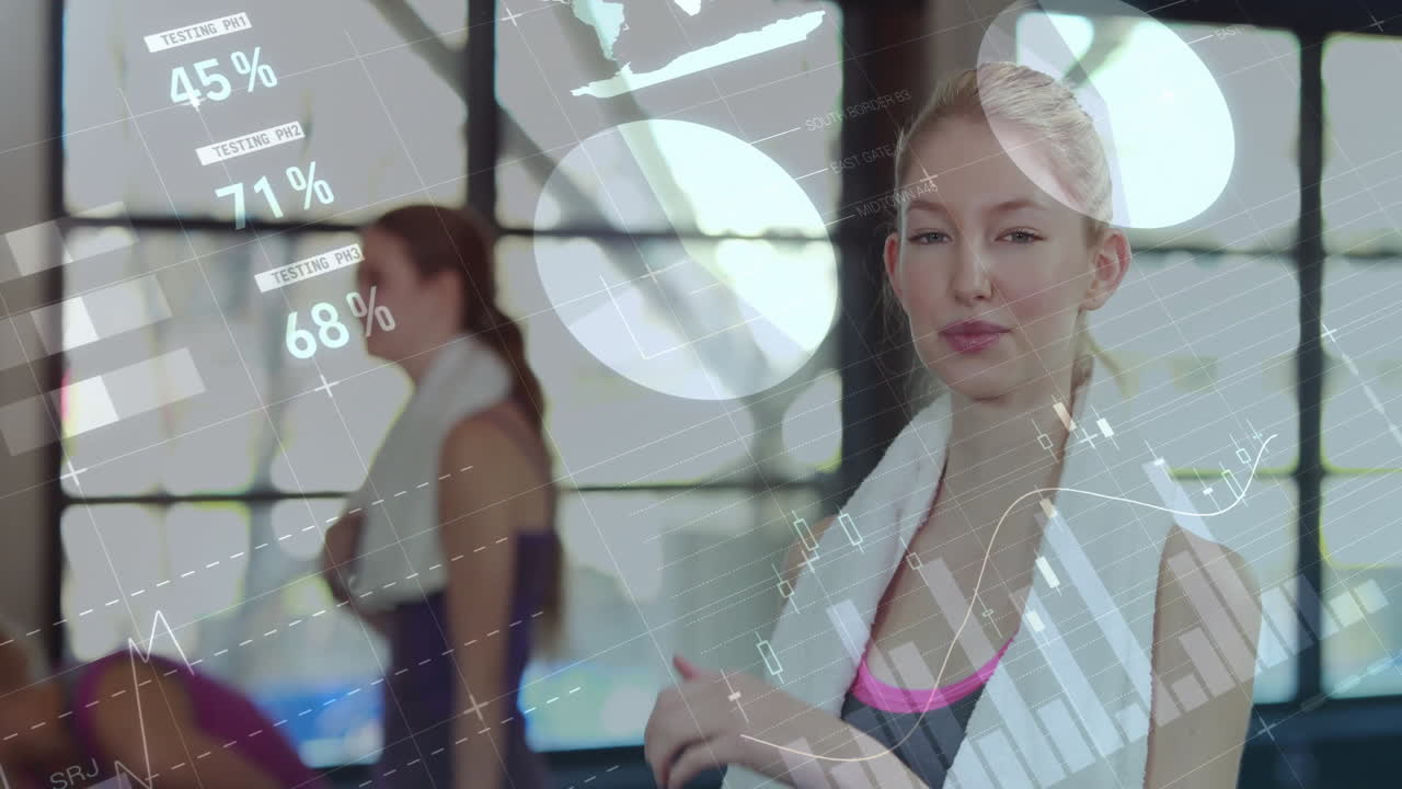 Smiling woman in gym with financial data and graphs animation overlay