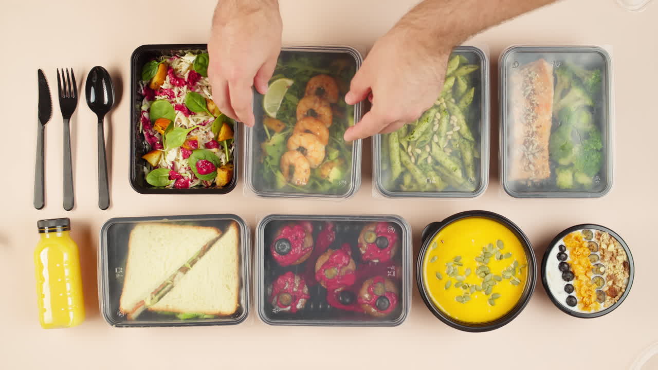 Manos cubriendo comida saludable en recipientes de preparación de comidas