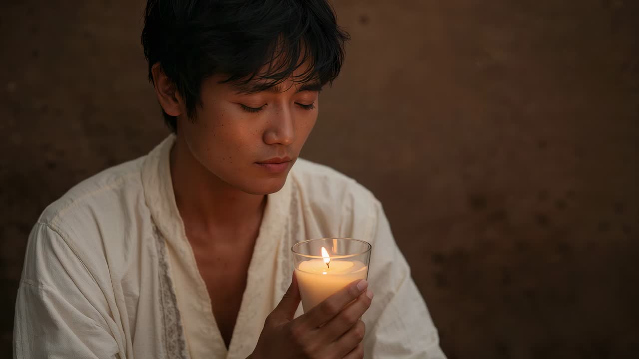 Holding lit candle, man in robe holding clear glass holder at home, examining flame, seeking calm