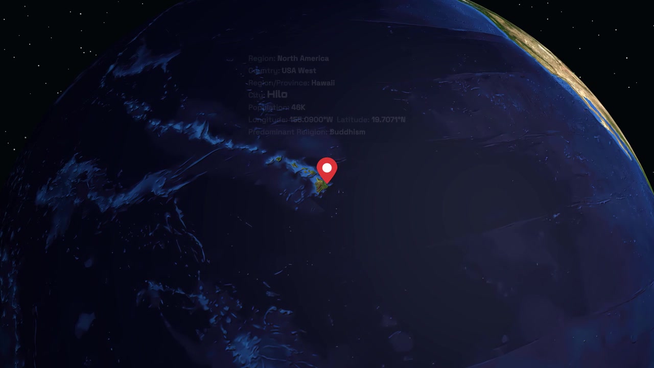 Il pianeta Terra che ruota si ingrandisce su Hilo Hawaii con un segnaposto rosso e una casella di testo informativa.