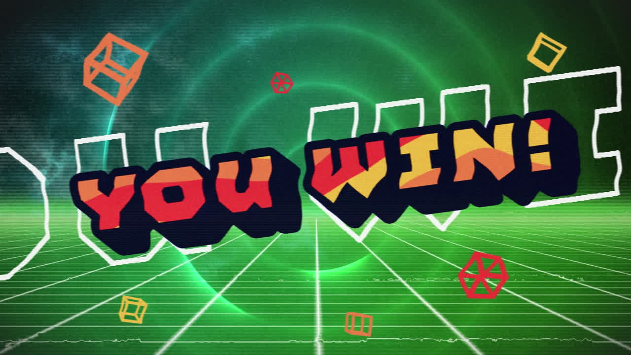 여러분 주위의 큐브의 애니메이션은 조명된 원과 그리드 패턴 위에 텍스트를 얻습니다.