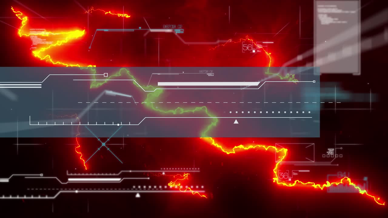 animación de la interfaz del escáner y el procesamiento de datos, con corrientes eléctricas rojas sobre fondo negro