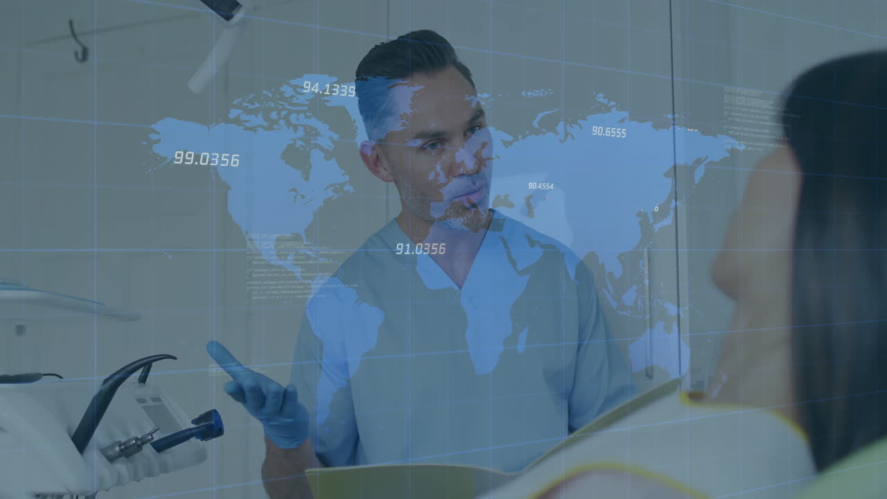 dentist gesturing with clipboard beside chair in dental clinic, with animated world data overlay