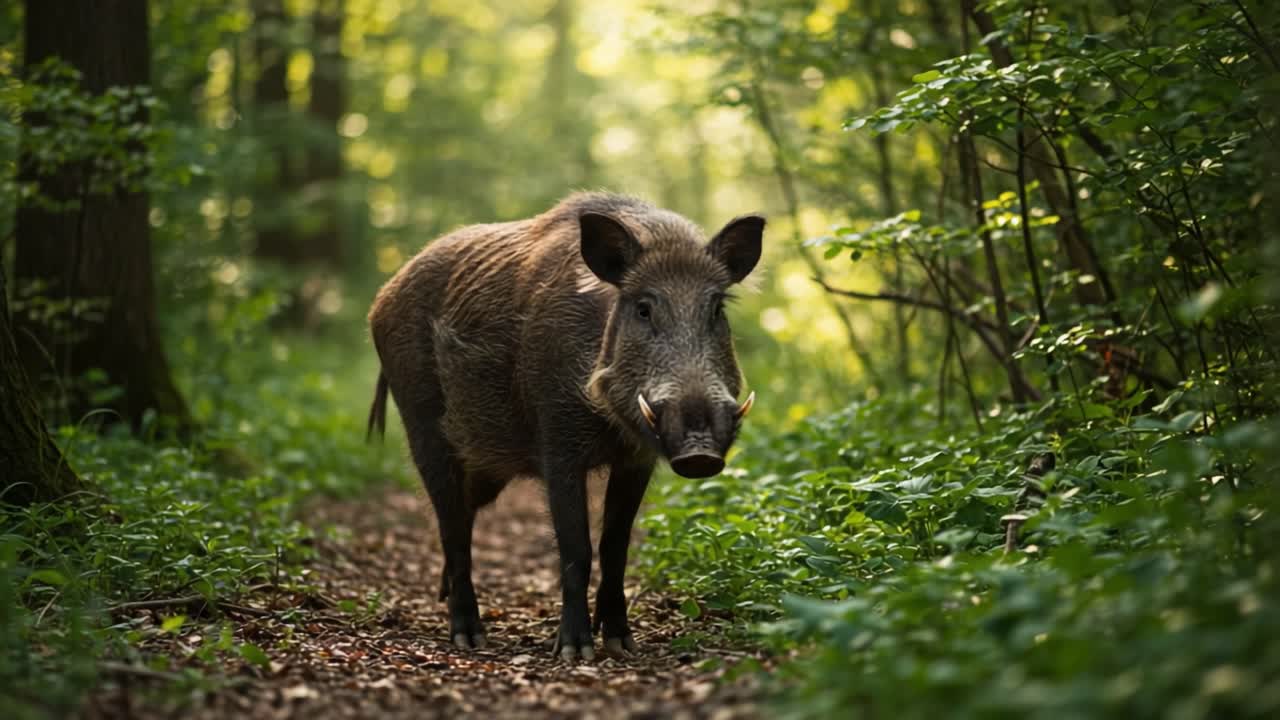 A Close Encounter with a Wild Boar on a Tranquil Forest Path: Nature's Majesty and Wildlife Photography Unveiled