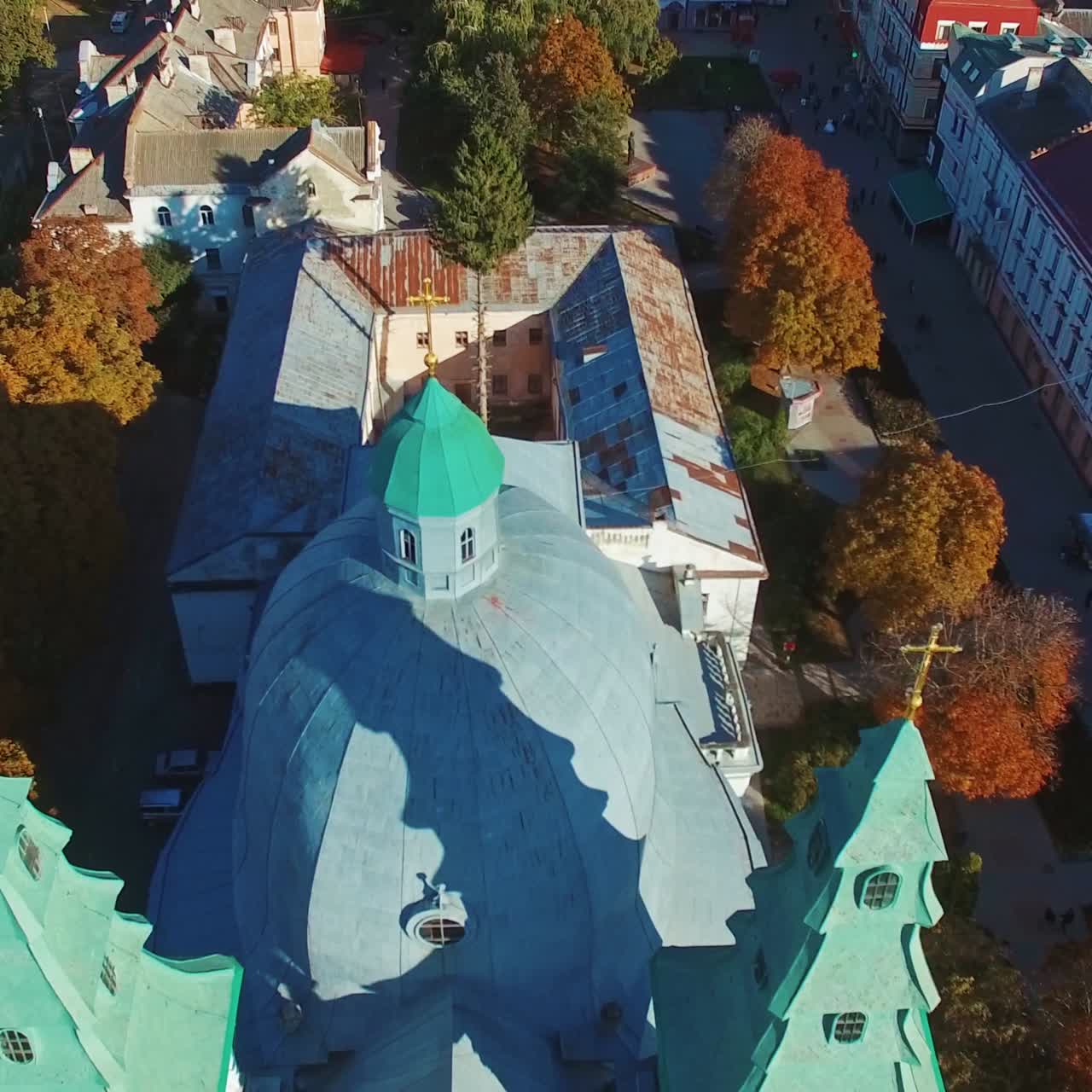 Aerial view of city and church