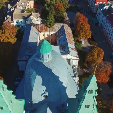 aerial view of city and church